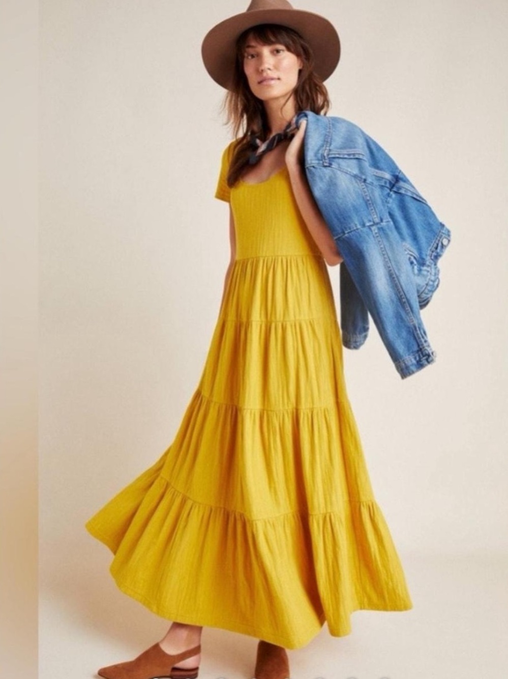 Maeve Anthropologie Mustard Yellow Tiered Scoop Neck Maxi Dress - Medium